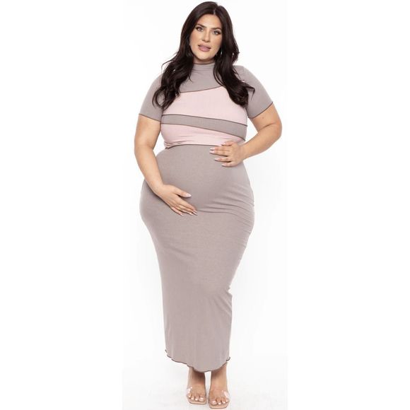 Bump Biddy Plus size maternity karla color block bodycon brown pink maxi dress - Picture 1 of 9